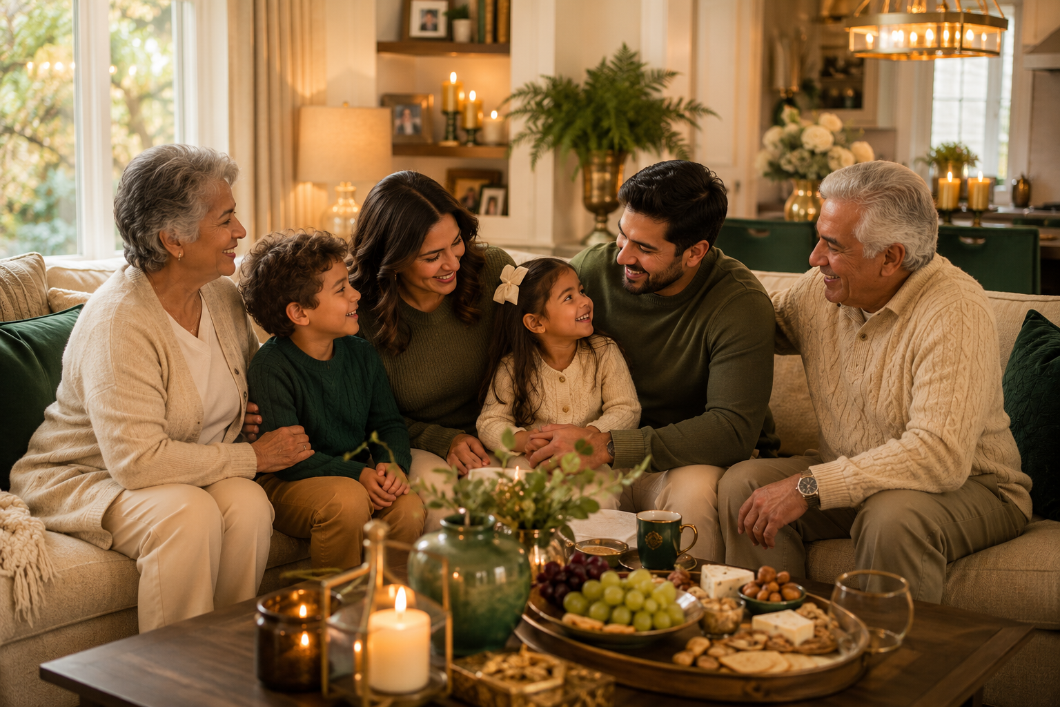 A warm multigenerational Hispanic family — grandparents, parents, and two children — gathered on a living-room sofa around a candlelit coffee table